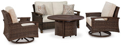 Best Deals Furniture - Ashley Furniture - Paradise Trail Outdoor Loveseat, Fire Pit Table and 2 Lounge Chairs - Outdoor Loveseat, Fire Pit Table and 2 Lounge Chairs / Medium Brown - P750P9