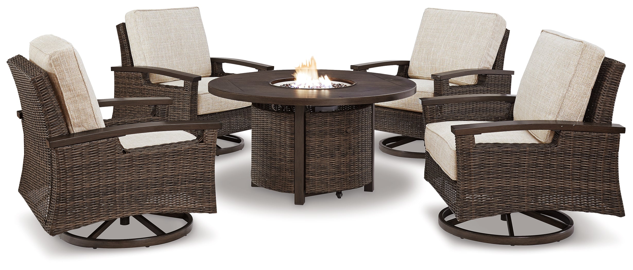 Best Deals Furniture - Ashley Furniture - Paradise Trail Outdoor Fire Pit Table with 4 Lounge Chairs - Outdoor Fire Pit Table with 4 Lounge Chairs / Medium Brown - P750P7