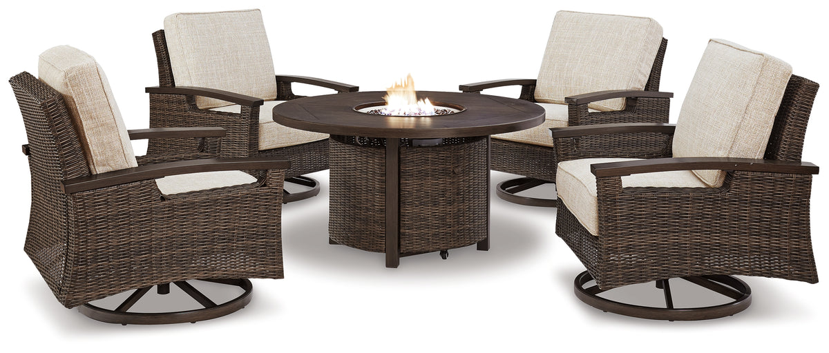 Best Deals Furniture - Ashley Furniture - Paradise Trail Outdoor Fire Pit Table with 4 Lounge Chairs - Outdoor Fire Pit Table with 4 Lounge Chairs / Medium Brown - P750P7