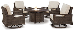 Best Deals Furniture - Ashley Furniture - Paradise Trail Outdoor Fire Pit Table with 4 Lounge Chairs - Outdoor Fire Pit Table with 4 Lounge Chairs / Medium Brown - P750P7
