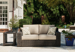 Best Deals Furniture - Ashley Furniture - Coastline Bay Outdoor Loveseat with Cushion - Loveseat w/Cushion / Brown - P784-835