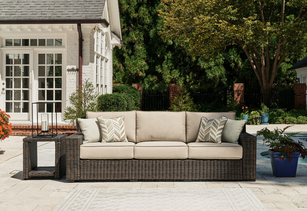 Best Deals Furniture - Ashley Furniture - Coastline Bay Outdoor Sofa with Cushion - Sofa with Cushion / Brown - P784-838