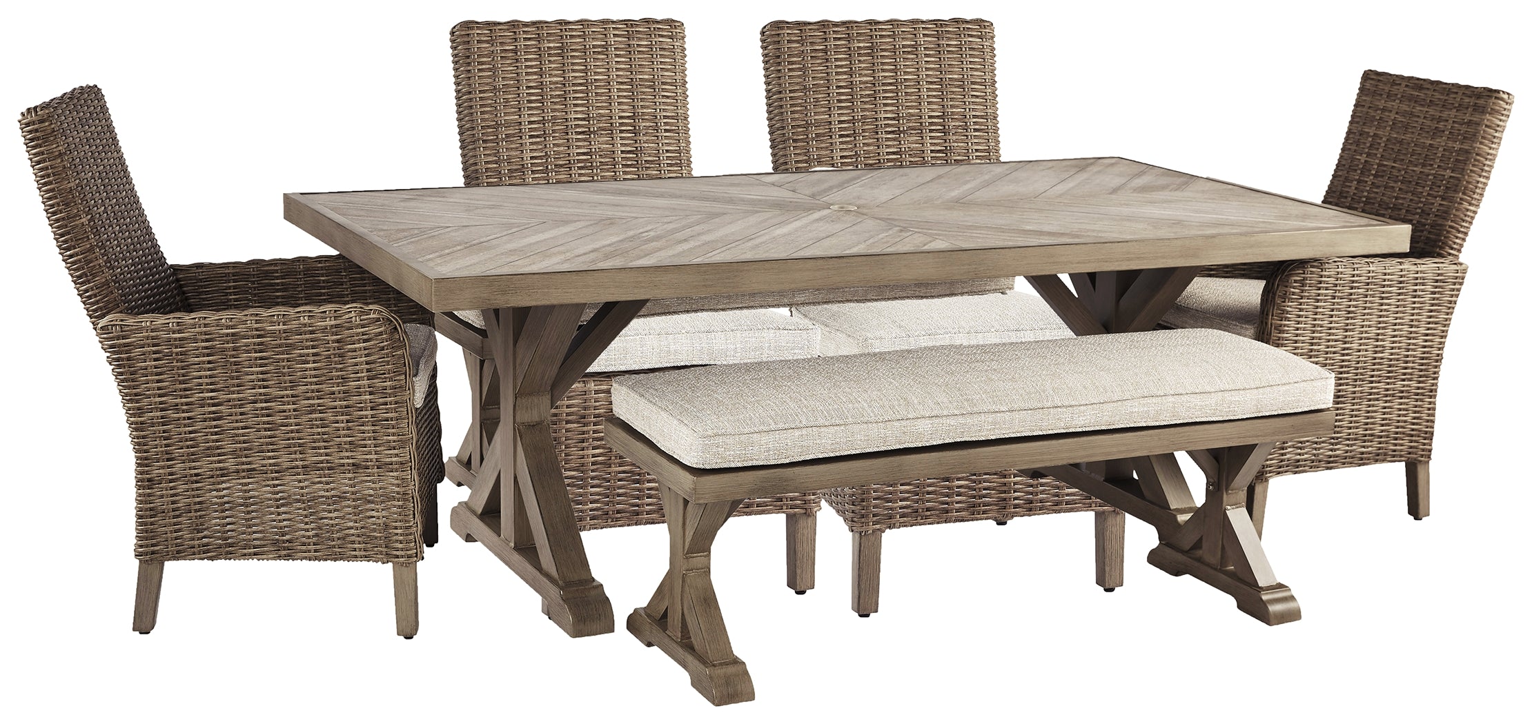 Best Deals Furniture - Ashley Furniture - Beachcroft Outdoor Dining Table with 4 Chairs and Bench - Outdoor Dining Table with 4 Chairs and Bench - P791P4