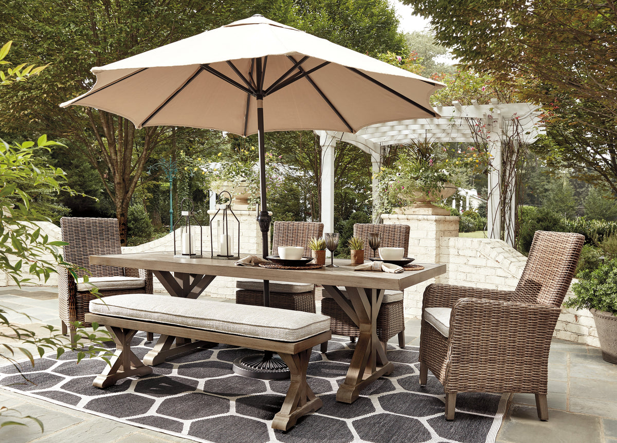 Best Deals Furniture - Ashley Furniture - Beachcroft Outdoor Dining Table - RECT Dining Table w/UMB OPT / Beige - P791-625
