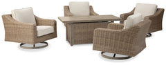 Best Deals Furniture - Ashley Furniture - Beachcroft 5-Piece Outdoor Fire Pit Table with 4 Chairs - 5-Piece Outdoor Fire Pit Table with 4 Chairs / Beige - P791P17