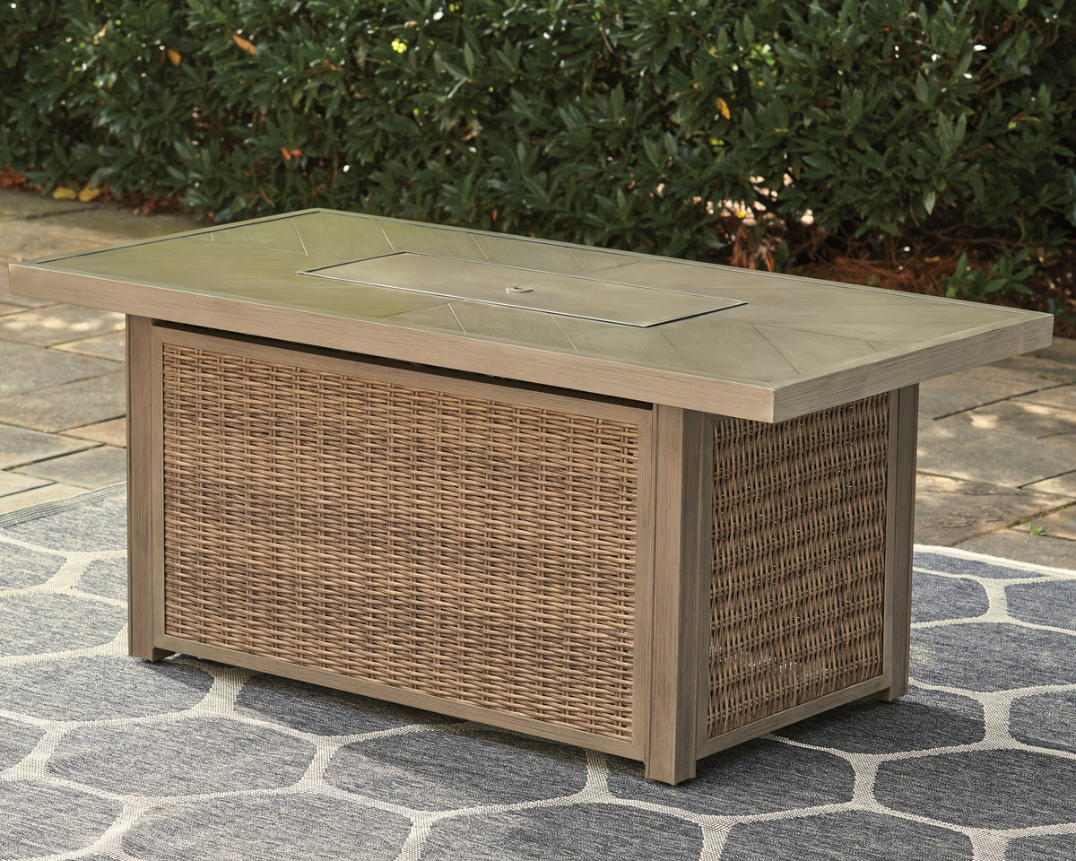 Best Deals Furniture - Ashley Furniture - Beachcroft Outdoor Fire Pit Table - Rectangular Fire Pit Table / Black/Light Gray - P792-773