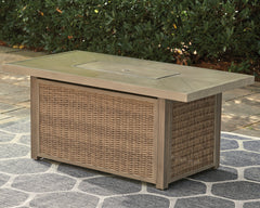 Best Deals Furniture - Ashley Furniture - Beachcroft Outdoor Fire Pit Table - Rectangular Fire Pit Table / Black/Light Gray - P792-773