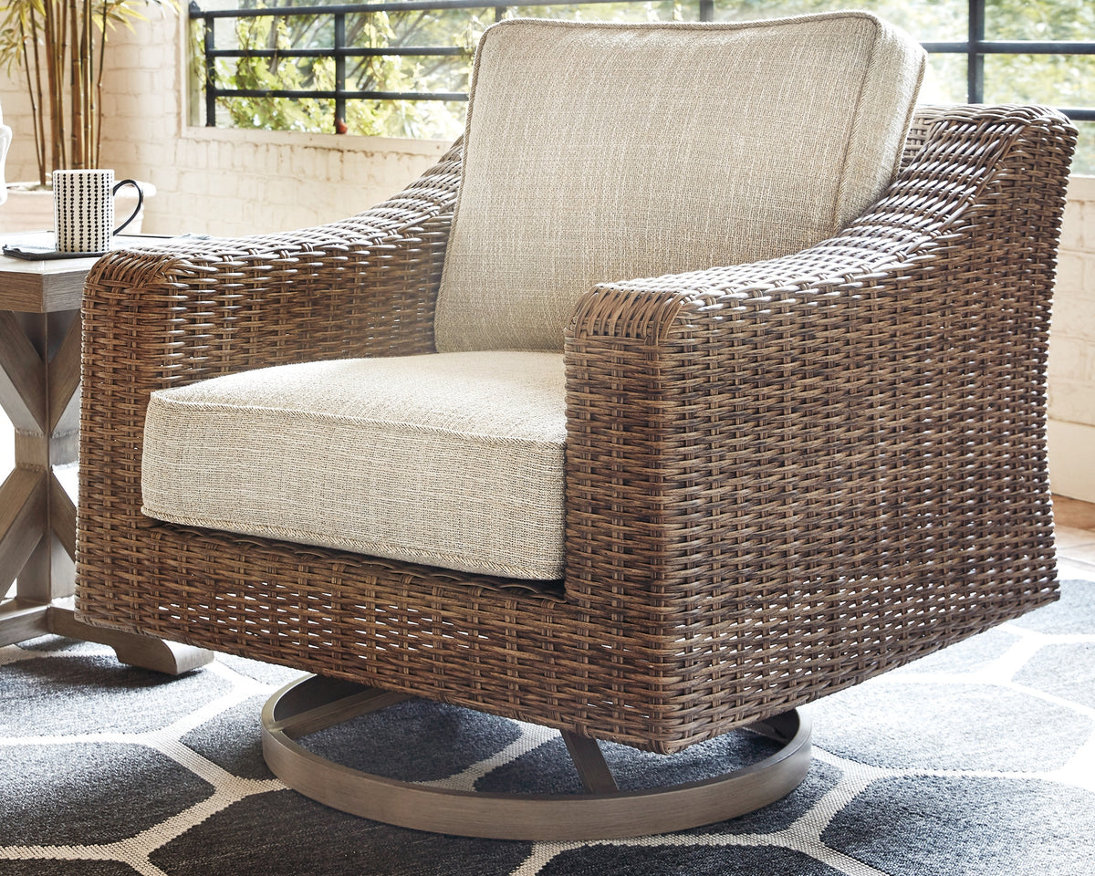 Best Deals Furniture - Ashley Furniture - Beachcroft Outdoor Swivel Lounge with Cushion - Swivel Lounge Chair (1/CN) / Black/Light Gray - P792-821