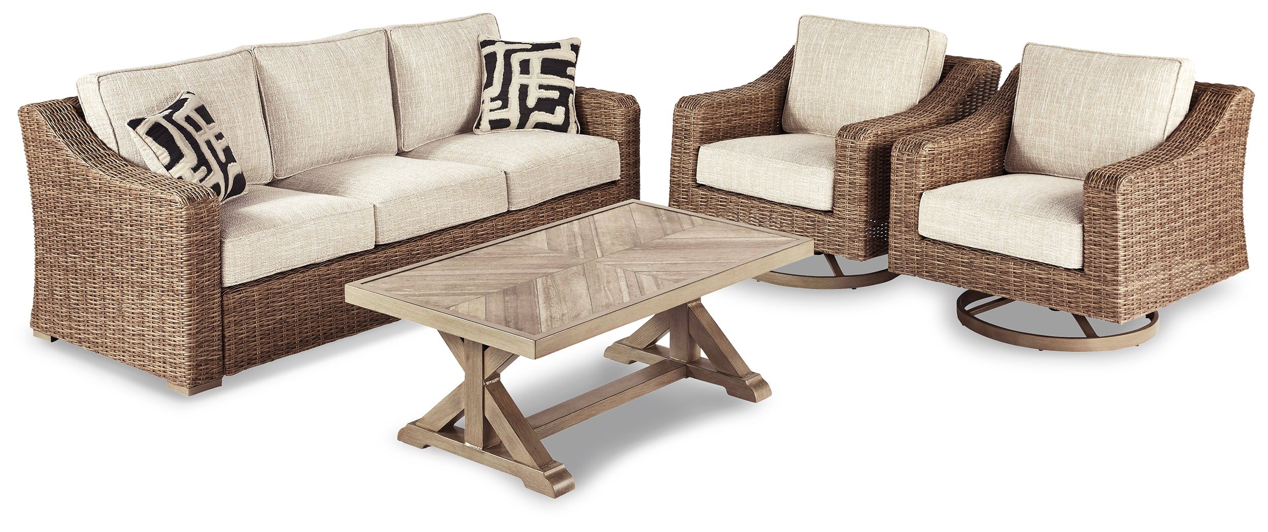 Best Deals Furniture - Ashley Furniture - Beachcroft Outdoor Sofa with Coffee Table and 2 End Tables - Outdoor Sofa with Coffee Table and 2 End Tables / Beige - P791P15