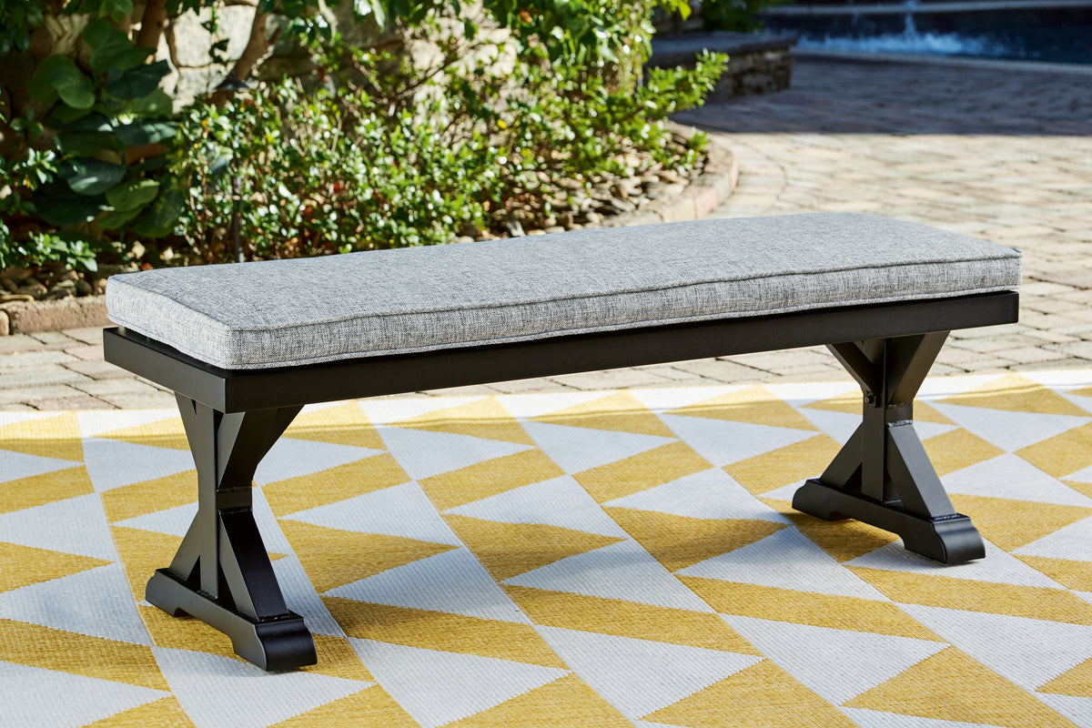 Best Deals Furniture - Ashley Furniture - Beachcroft Outdoor Bench with Cushion - Bench with Cushion / Black/Light Gray - P792-600