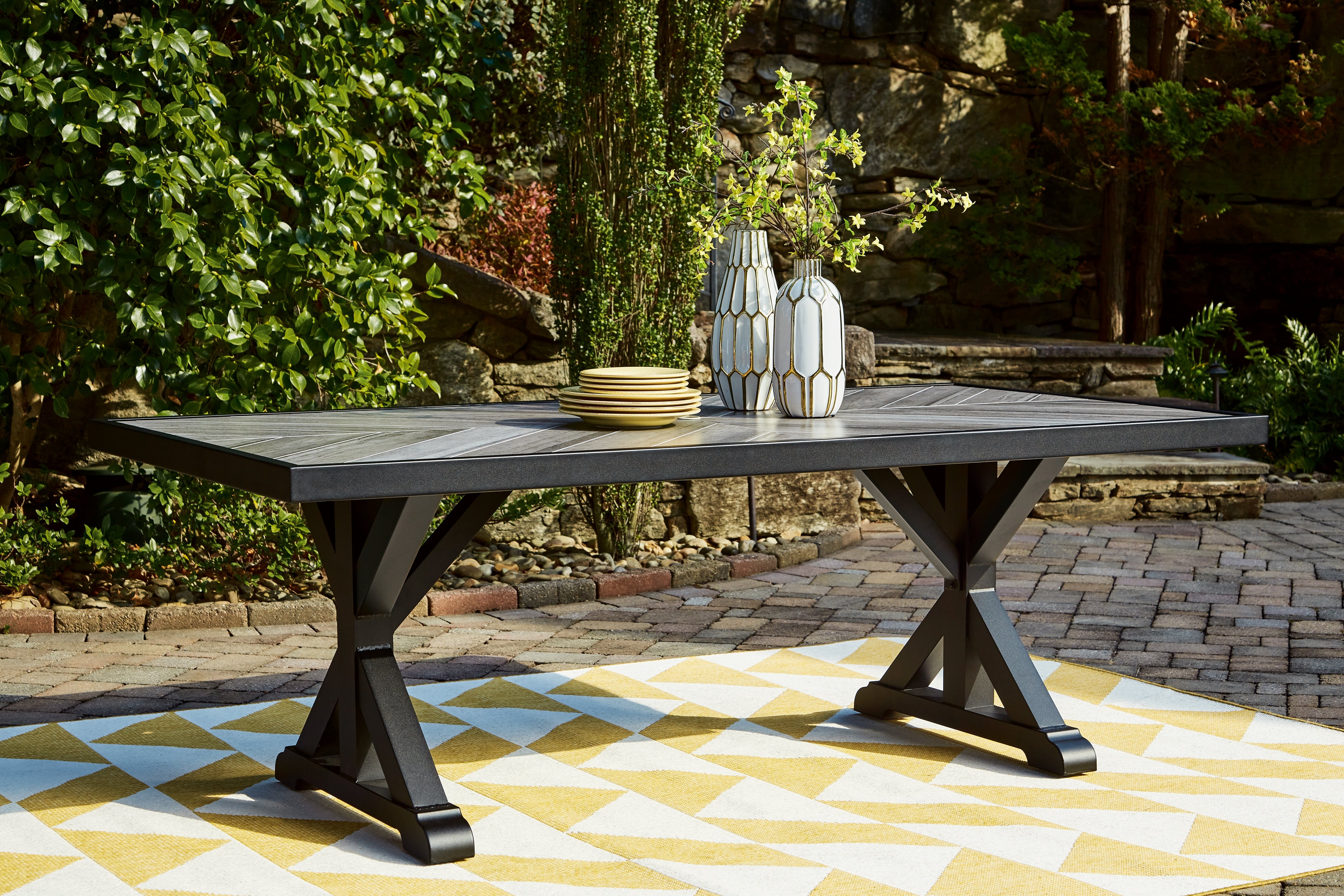 Best Deals Furniture - Ashley Furniture - Beachcroft Outdoor Dining Table - RECT Dining Table w/UMB OPT / Black/Light Gray - P792-625