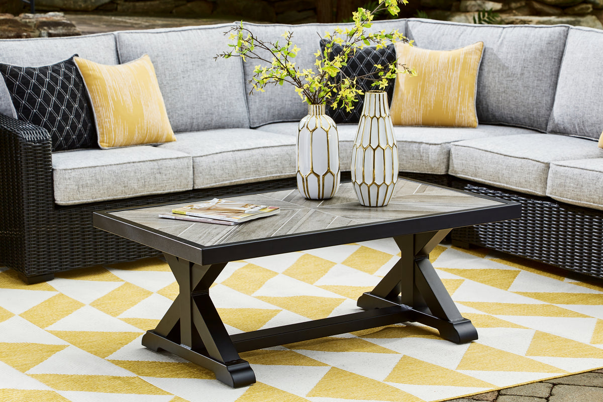 Best Deals Furniture - Ashley Furniture - Beachcroft Outdoor Coffee Table - Rectangular Cocktail Table / Black/Light Gray - P792-701