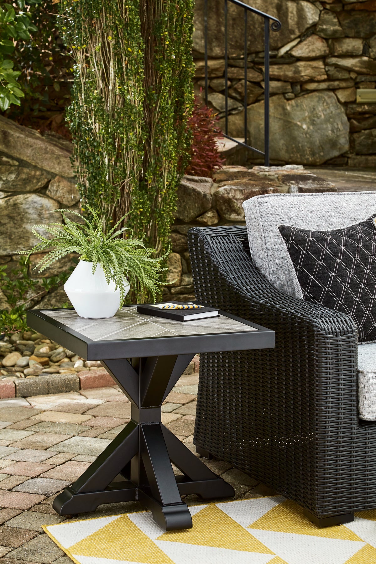 Best Deals Furniture - Ashley Furniture - Beachcroft Outdoor End Table - Square End Table / Black/Light Gray - P792-702
