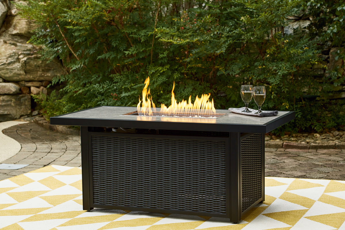 Best Deals Furniture - Ashley Furniture - Beachcroft Outdoor Fire Pit Table - Rectangular Fire Pit Table / Black/Light Gray - P792-773