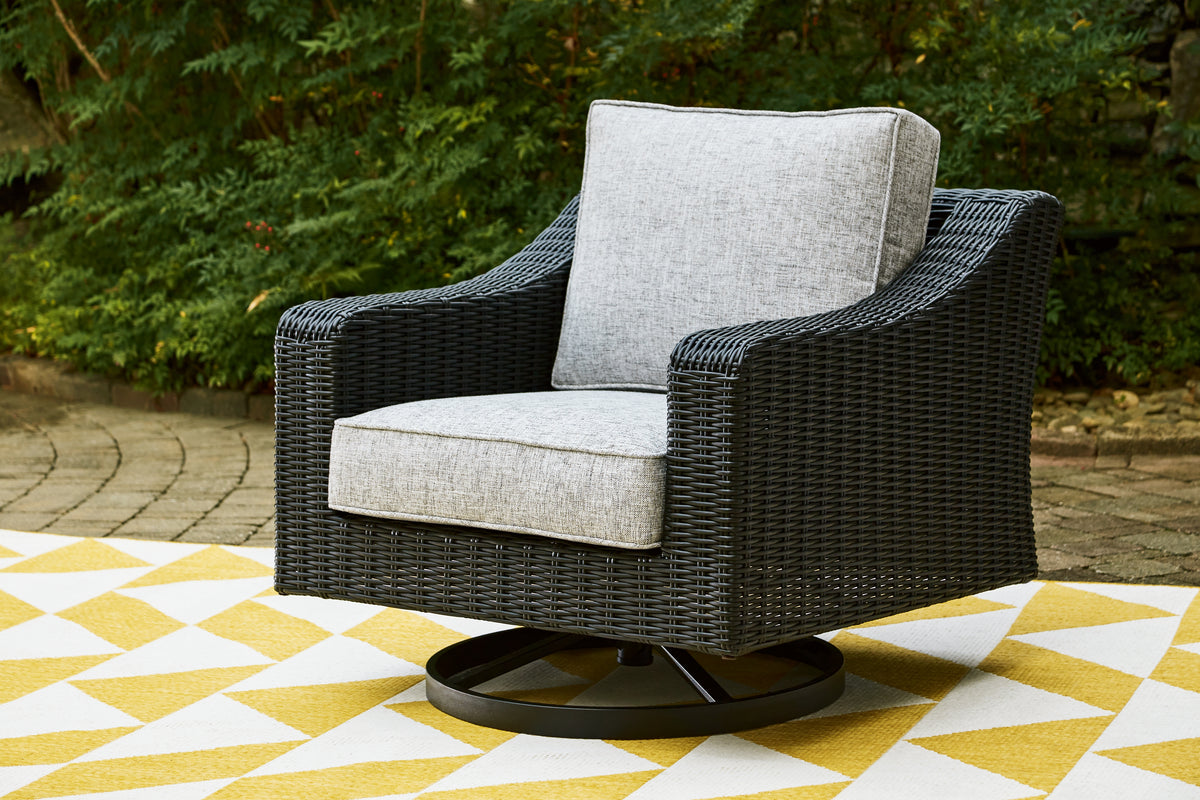 Best Deals Furniture - Ashley Furniture - Beachcroft Outdoor Swivel Lounge with Cushion - Swivel Lounge Chair (1/CN) / Black/Light Gray - P792-821