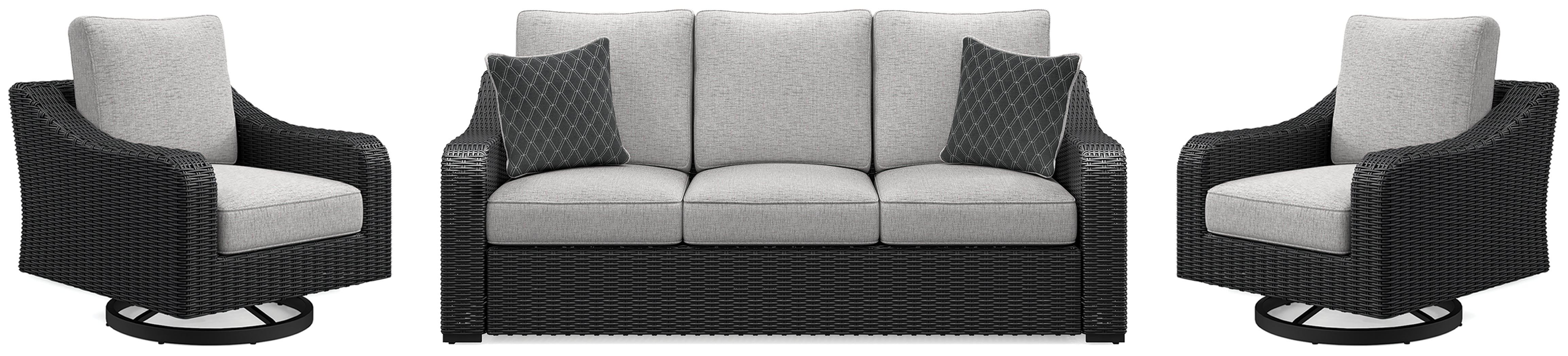Best Deals Furniture - Ashley Furniture - Beachcroft Outdoor Sofa and 2 Lounge Chairs - Outdoor Sofa and 2 Lounge Chairs / Black/Light Gray - P792P8