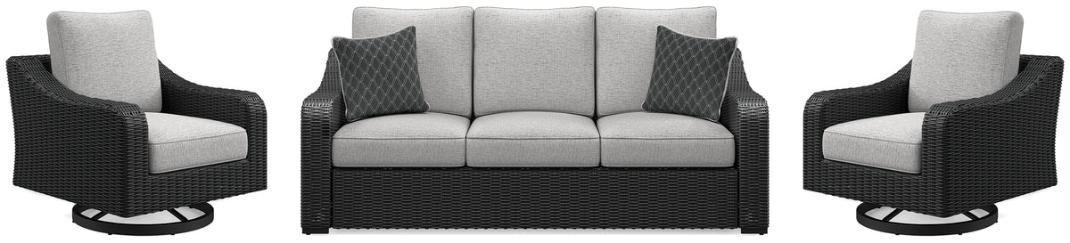 Best Deals Furniture - Ashley Furniture - Beachcroft Outdoor Sofa and 2 Lounge Chairs - Outdoor Sofa and 2 Lounge Chairs / Black/Light Gray - P792P8