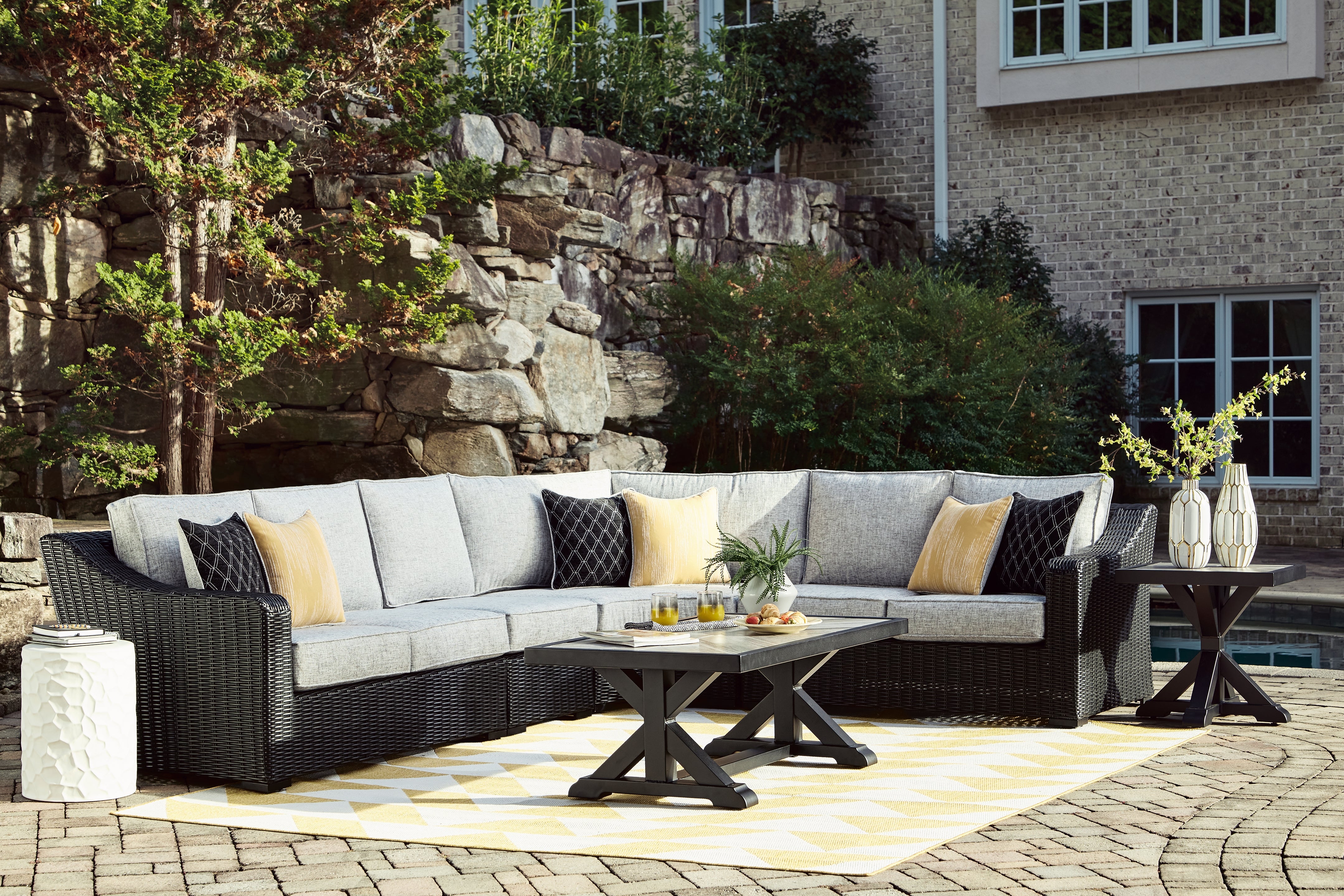Best Deals Furniture - Ashley Furniture - Beachcroft 4-Piece Outdoor Sectional - 4-Piece Outdoor Sectional / Black/Light Gray - P792P2