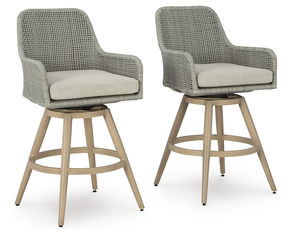 Best Deals Furniture - Ashley Furniture - Seton Creek Outdoor Bar Height Barstool with Cushion (Set of 2) - Barstool with Cushion (Set of 2) / Beige/Gray - P798-130
