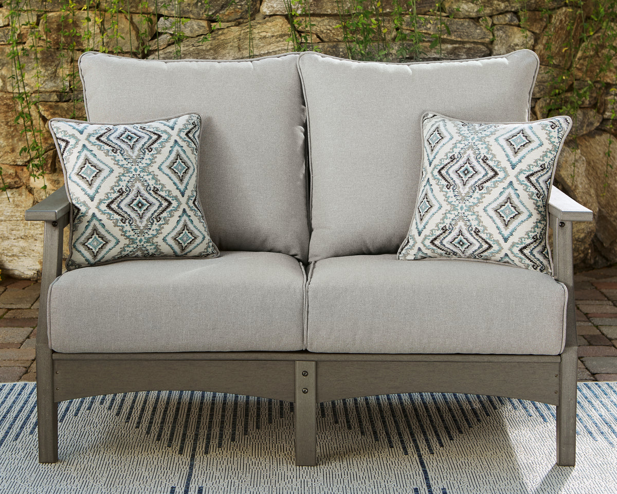 Best Deals Furniture - Ashley Furniture - Visola Outdoor Loveseat with Cushion - Loveseat w/Cushion / Gray - P802-835