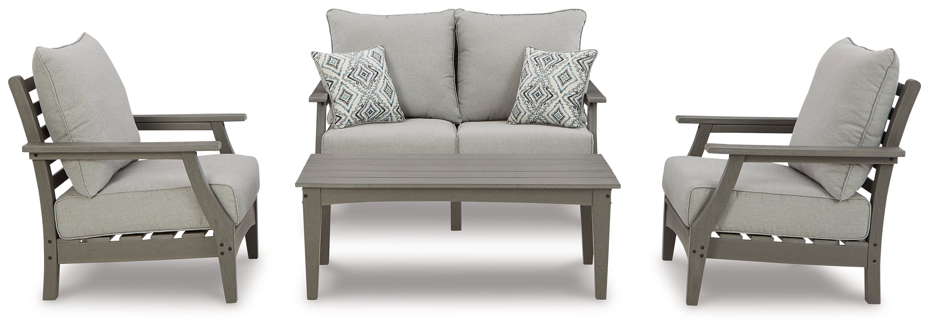 Best Deals Furniture - Ashley Furniture - Visola Outdoor Loveseat, 2 Lounge Chairs and Coffee Table - Outdoor Loveseat, 2 Lounge Chairs and Coffee Table / Gray - P802P1