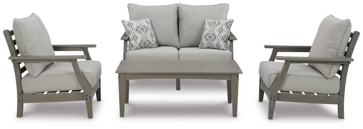 Best Deals Furniture - Ashley Furniture - Visola Outdoor Loveseat, 2 Lounge Chairs and Coffee Table - Outdoor Loveseat, 2 Lounge Chairs and Coffee Table / Gray - P802P1