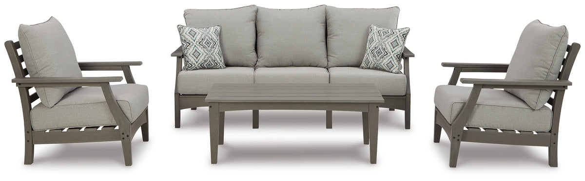 Best Deals Furniture - Ashley Furniture - Visola Outdoor Sofa, 2 Lounge Chairs and Coffee Table - Outdoor Sofa, 2 Lounge Chairs and Coffee Table / Gray - P802P2