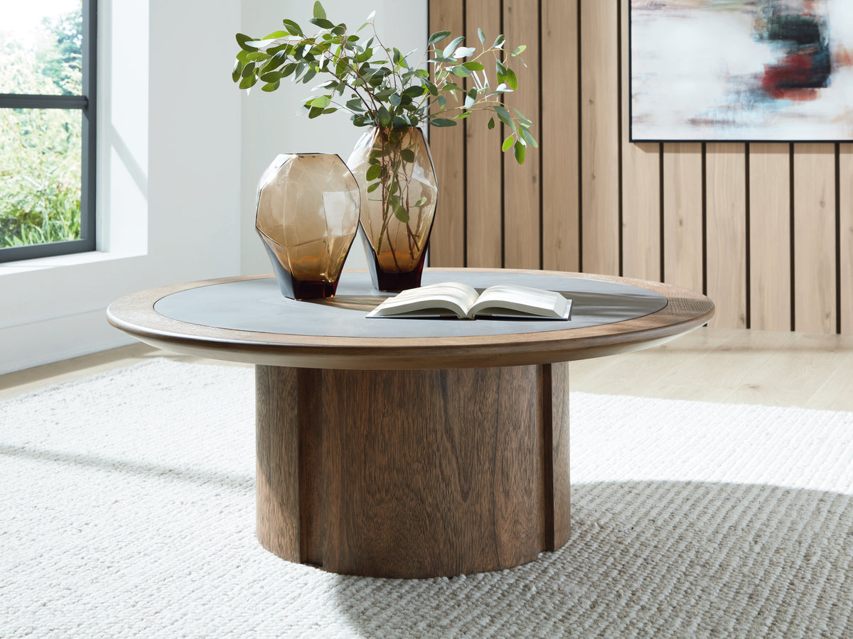 Best Deals Furniture - Ashley Furniture - Dontayne Coffee Table - Round Cocktail Table - T563-8