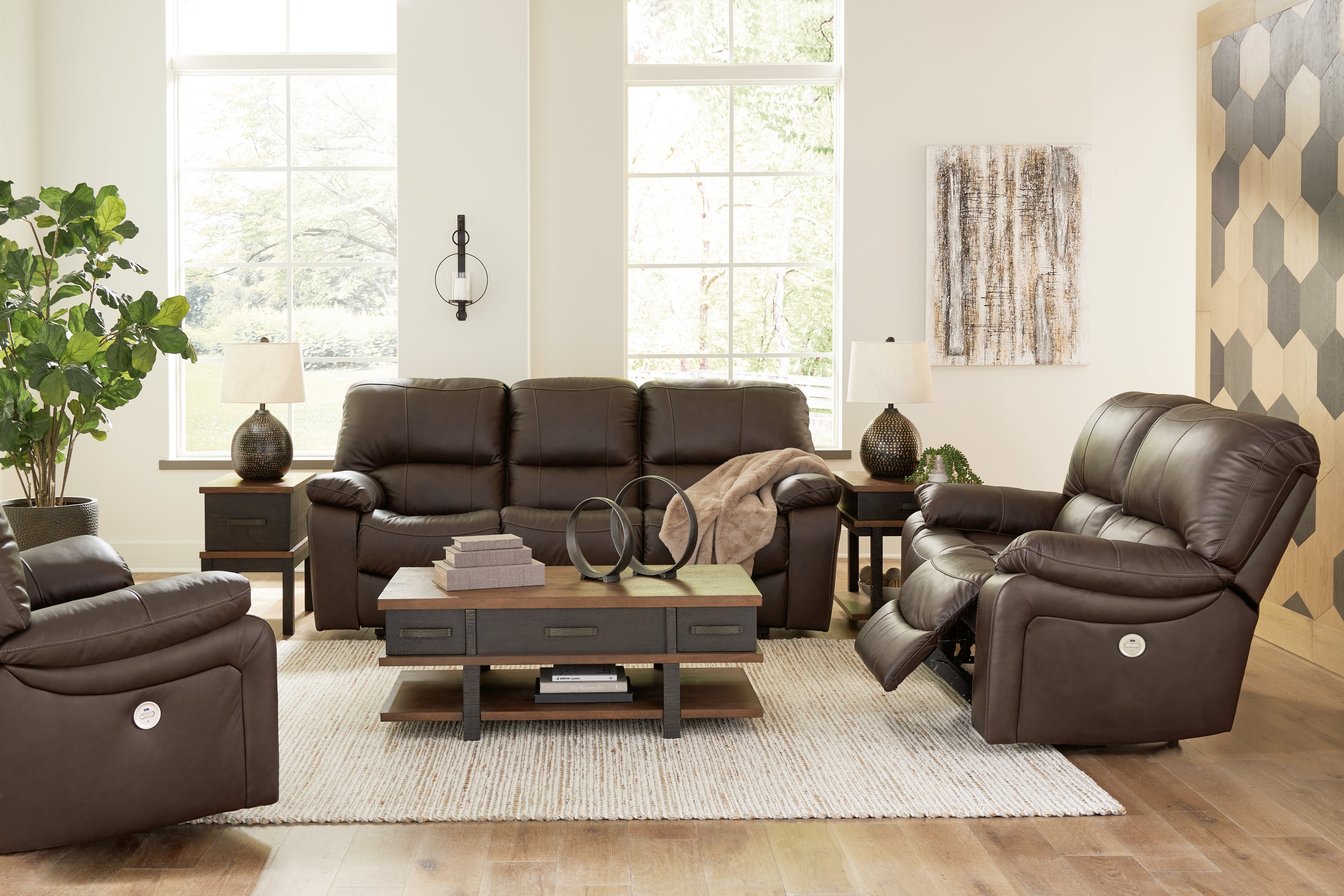 Best Deals Furniture - Ashley Furniture - Leesworth Power Reclining Sofa, Loveseat and Recliner - Power Reclining Sofa, Loveseat and Recliner / Dark Brown - U43808U2
