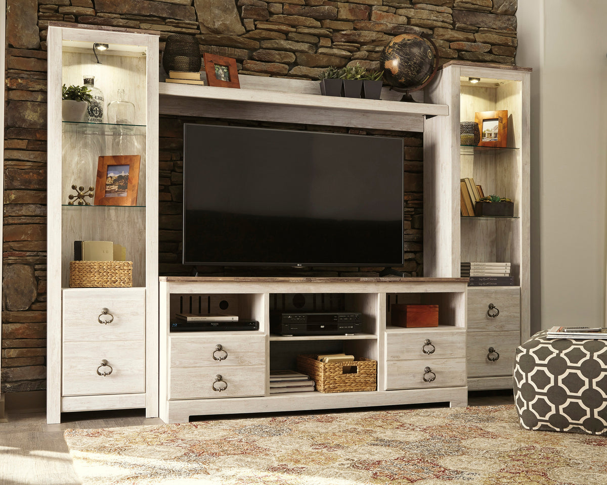 Best Deals Furniture - Ashley Furniture - Willowton 4-Piece Entertainment Center - 4-Piece Entertainment Center / Whitewash - W267W3