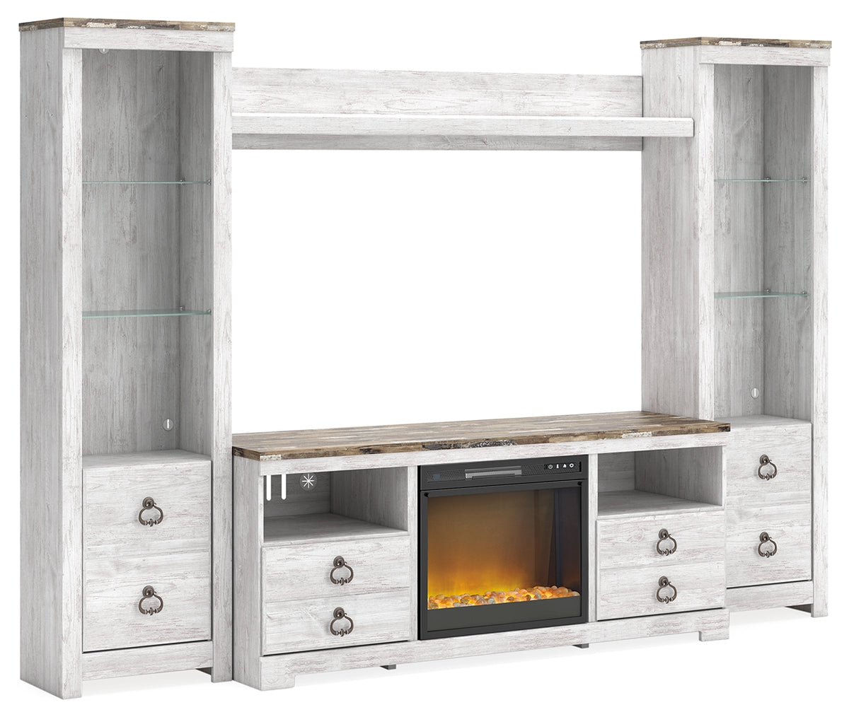 Best Deals Furniture - Ashley Furniture - Willowton 4-Piece Entertainment Center with Electric Fireplace - 4-Piece Entertainment Center with Electric Fireplace / Whitewash - W267W4