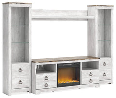 Best Deals Furniture - Ashley Furniture - Willowton 4-Piece Entertainment Center with Electric Fireplace - 4-Piece Entertainment Center with Electric Fireplace / Whitewash - W267W4