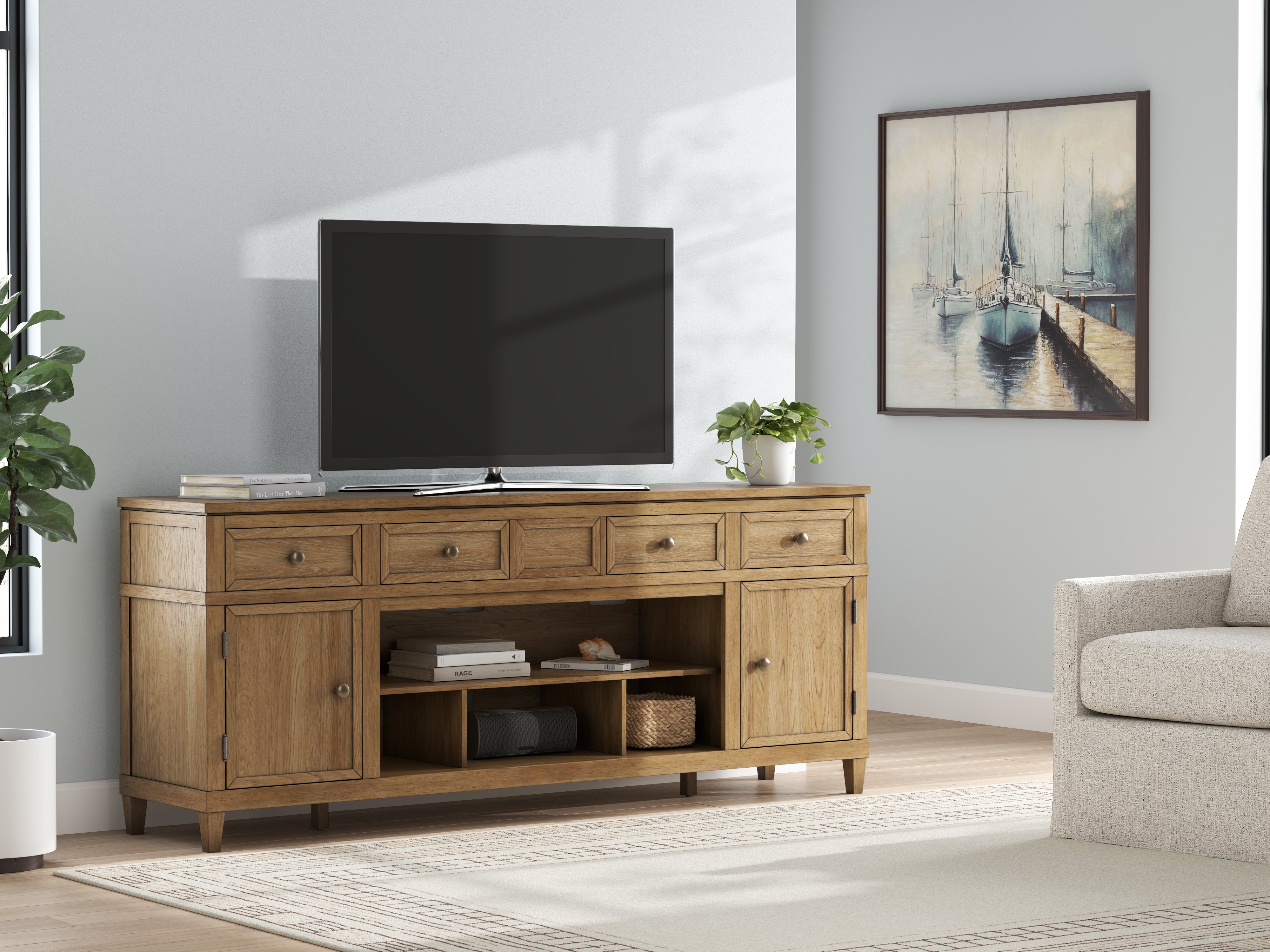 Best Deals Furniture - Ashley Furniture - Sharlance 81" TV Stand - 81" / Light Brown - W655-68